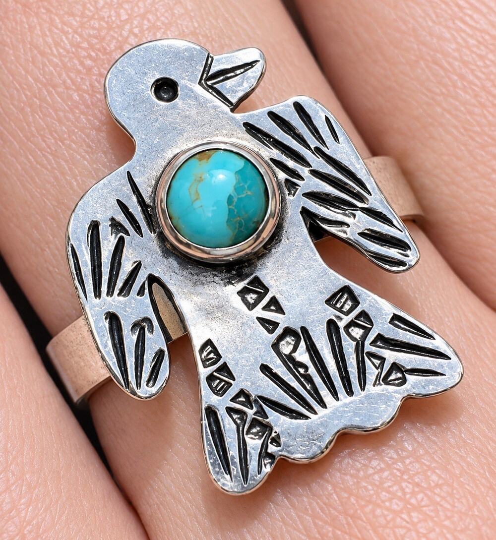 Thunderbird Turquoise Ring Sterling Silver Native Style Adjustable Southwestern